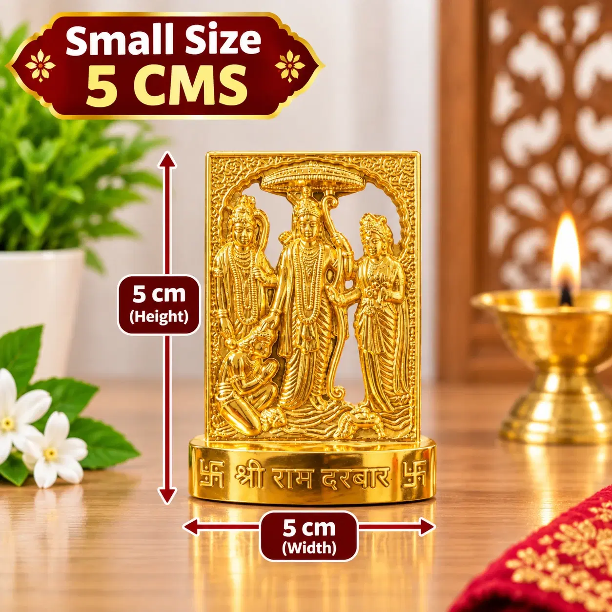 Front view of gold-tone Shri Ram Darbar mini idol with 5 cm height and width shown on image