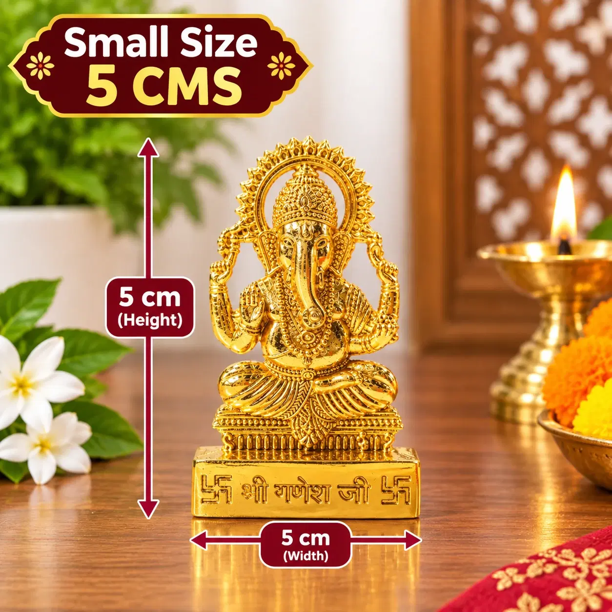 Front view of small gold-tone Ganesh Ji idol with 5 cm height and width labels on a pooja setup
