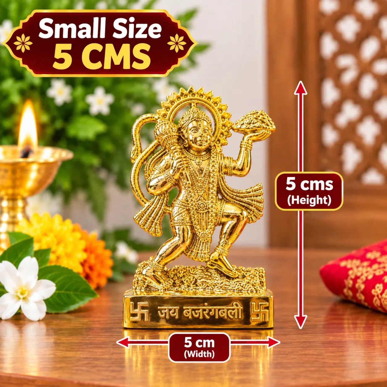 Golden Hanuman idol on tabletop with 5 cm height and width labels in a festive pooja setting