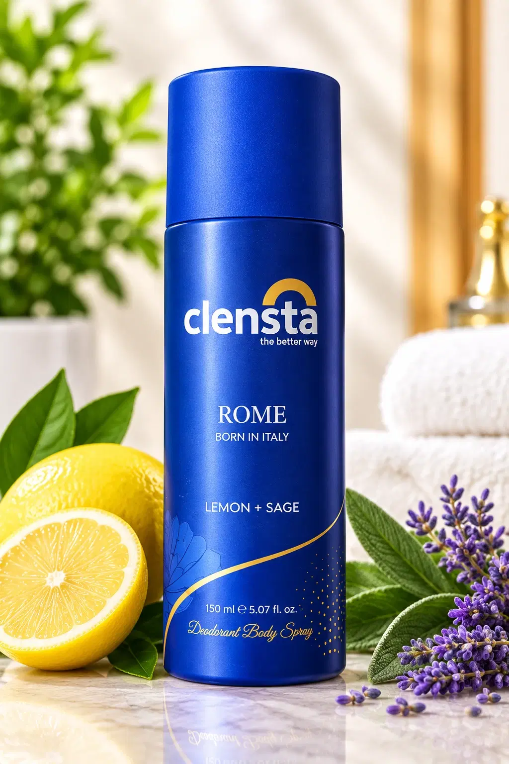 Blue Clensta Rome deodorant body spray can with lemon and sage styling, 150 ml front view