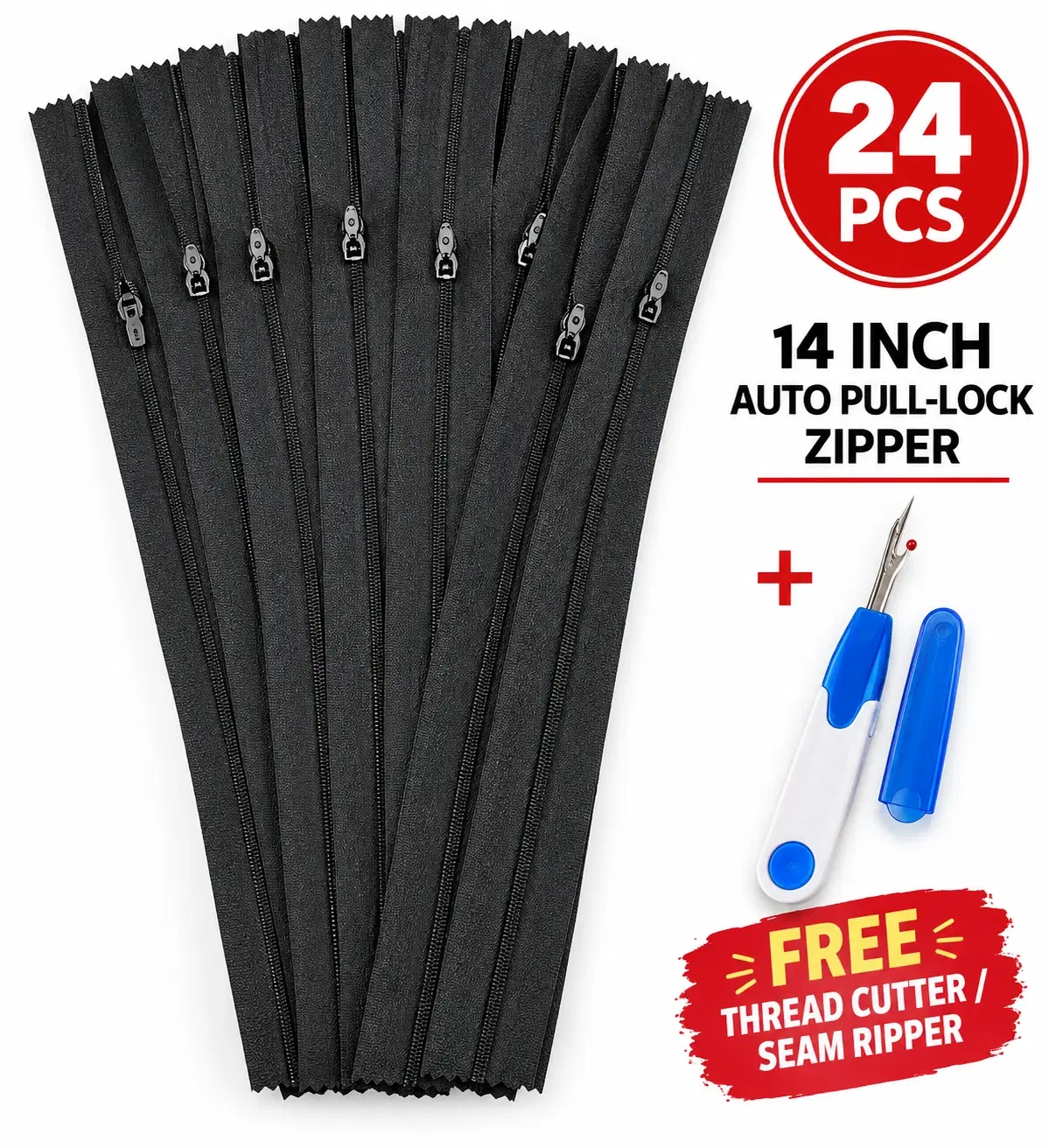Fan-arranged black 14-inch auto pull-lock zippers with a blue seam ripper and 24 PCS text
