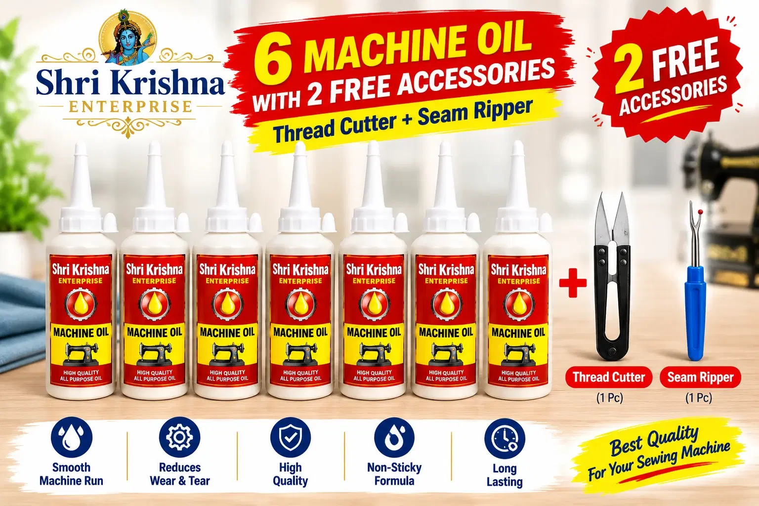 Pack of 6 Shri Krishna Enterprise machine oil bottles with thread cutter and seam ripper shown on cover graphic
