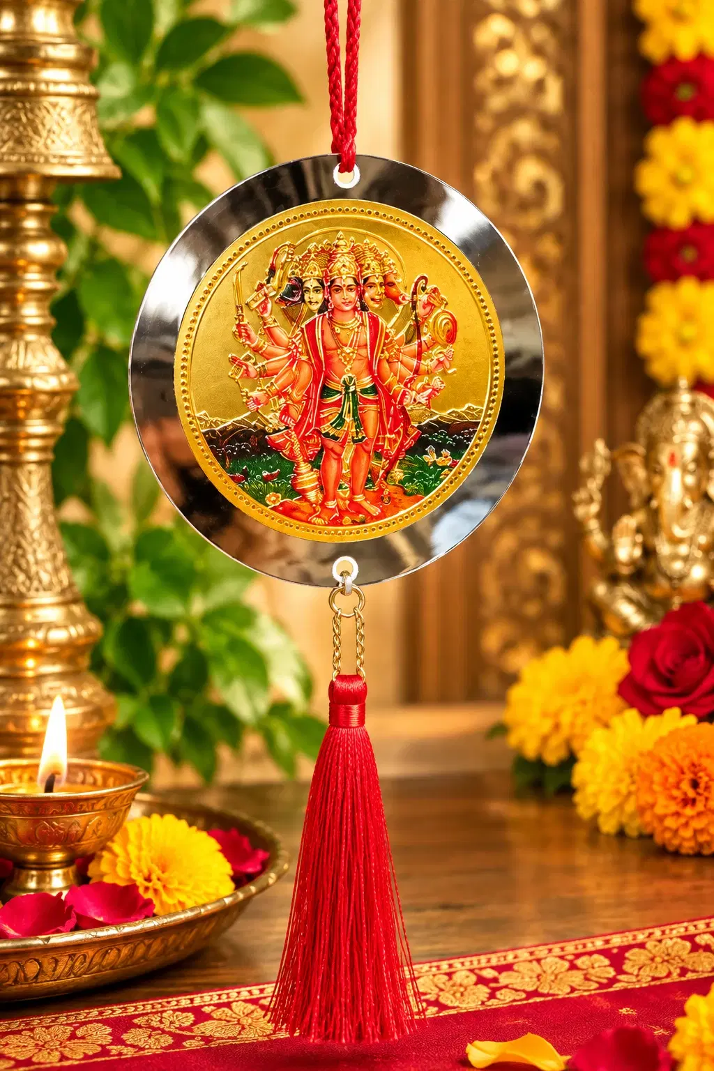 Round Panchmukhi Hanuman hanging with red cord and tassel, shown in festive pooja decor setting