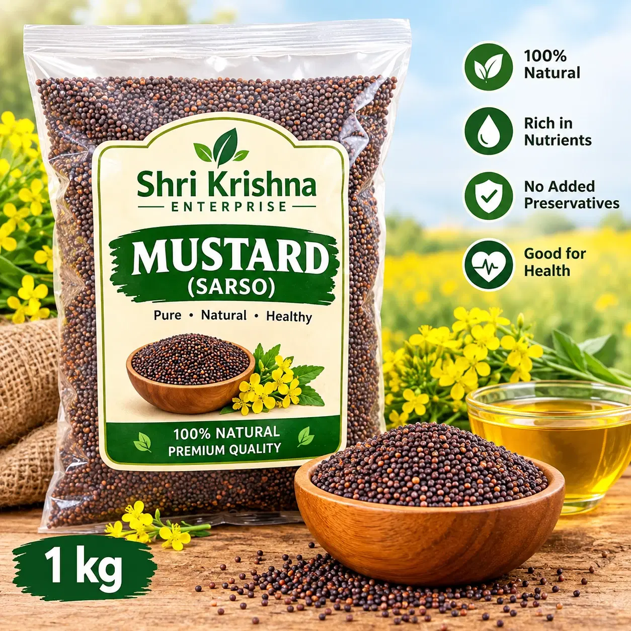 Front view of Shri Krishna Enterprise mustard seeds 1 kg pouch with bowl of sarso and health benefit icons