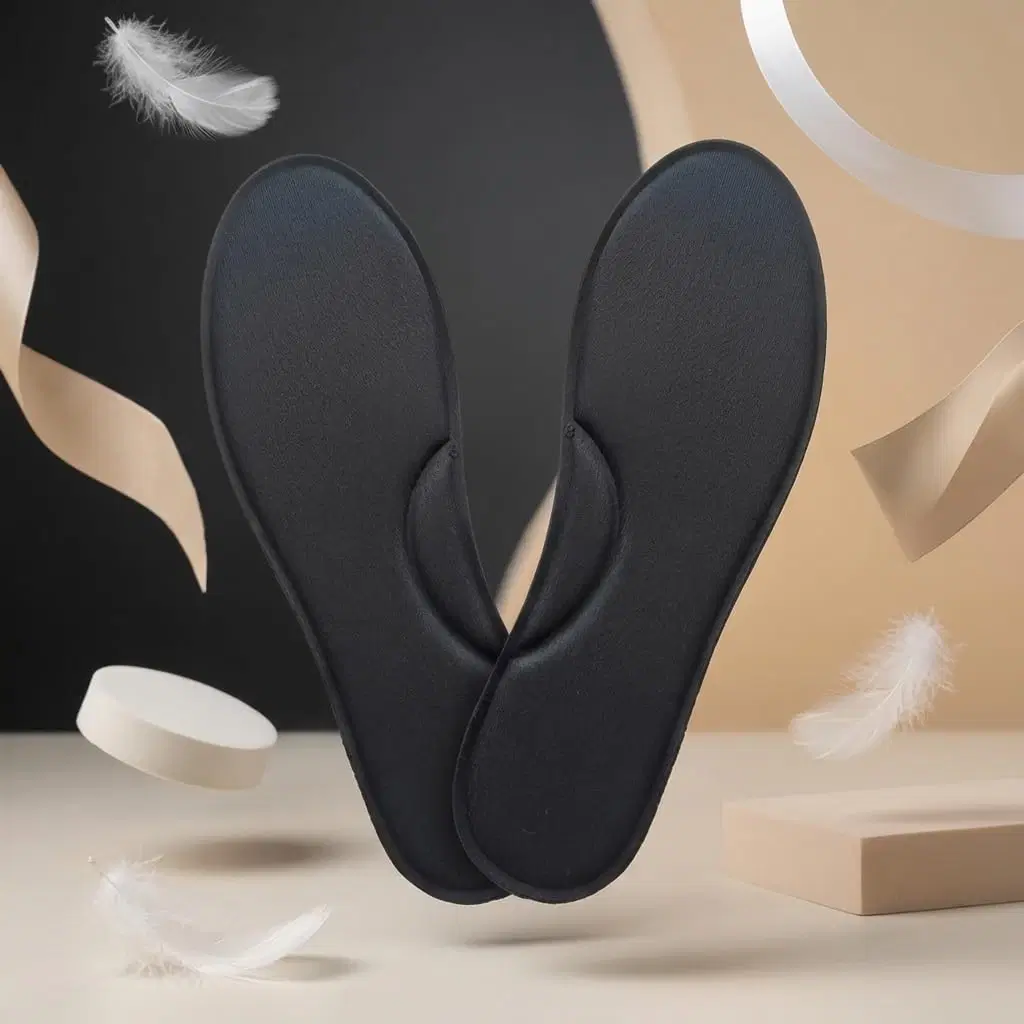 Pair of black insoles standing upright with soft feather props on a beige and black backdrop