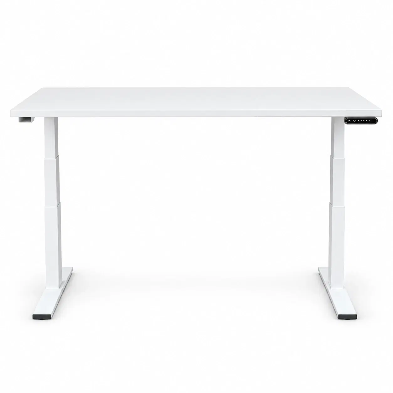 Front view of white electric standing desk with telescopic legs and right-side control panel