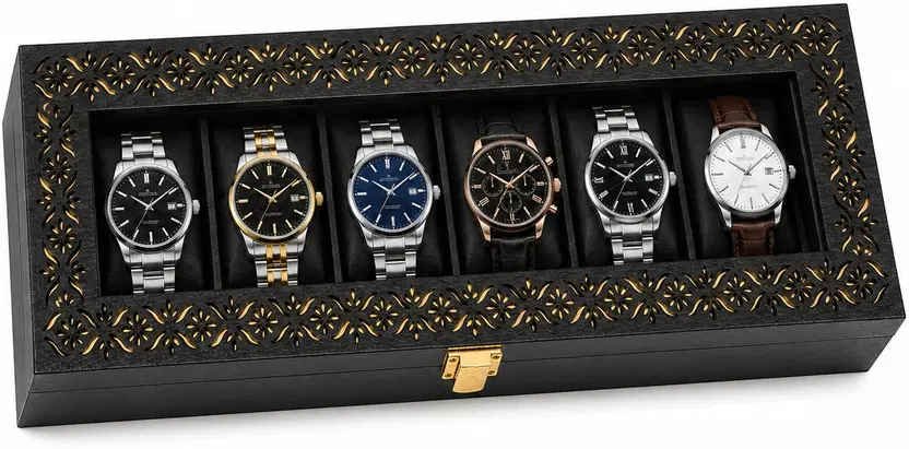 Closed black 6-slot watch box with carved floral border, display window, and gold-tone front clasp