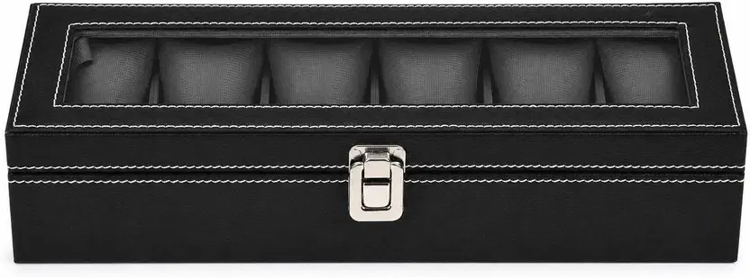 Closed black 6-slot watch box with clear top window, white stitching, and silver front clasp