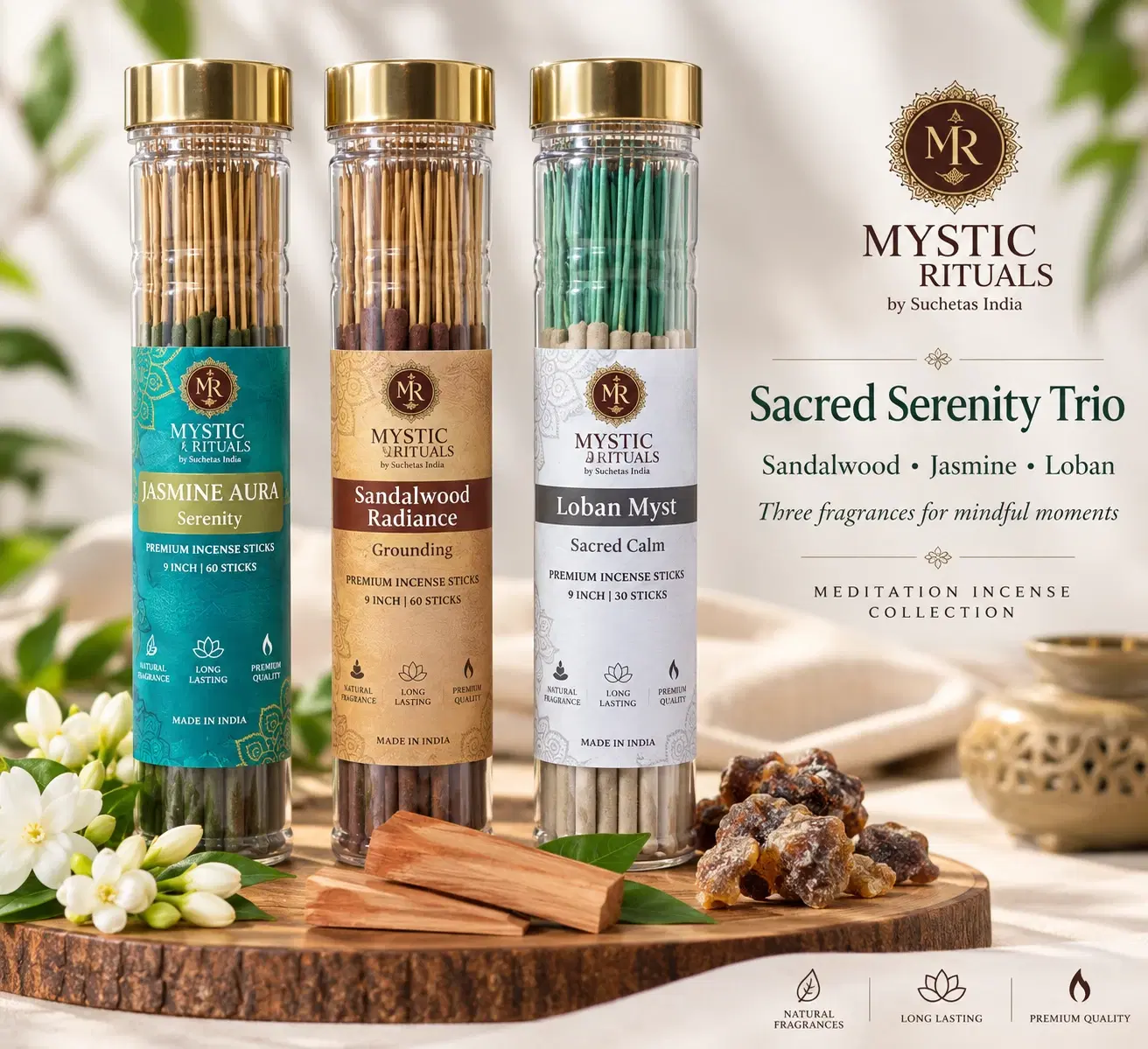 Three Mystic Rituals incense jars with gold lids: Jasmine Aura, Sandalwood Radiance and Loban Myst
