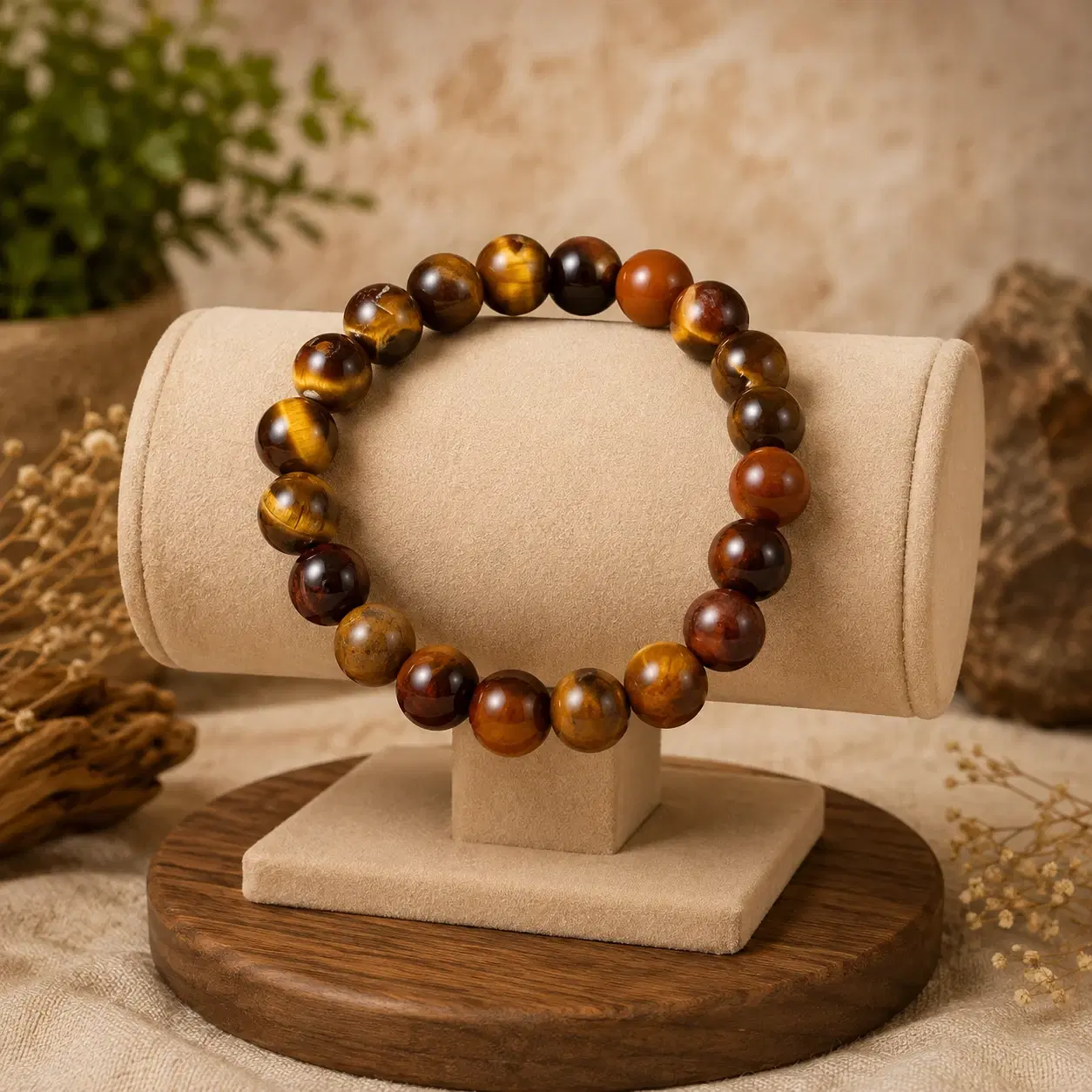Round brown and golden stone bead bracelet displayed on a beige suede-style jewelry stand