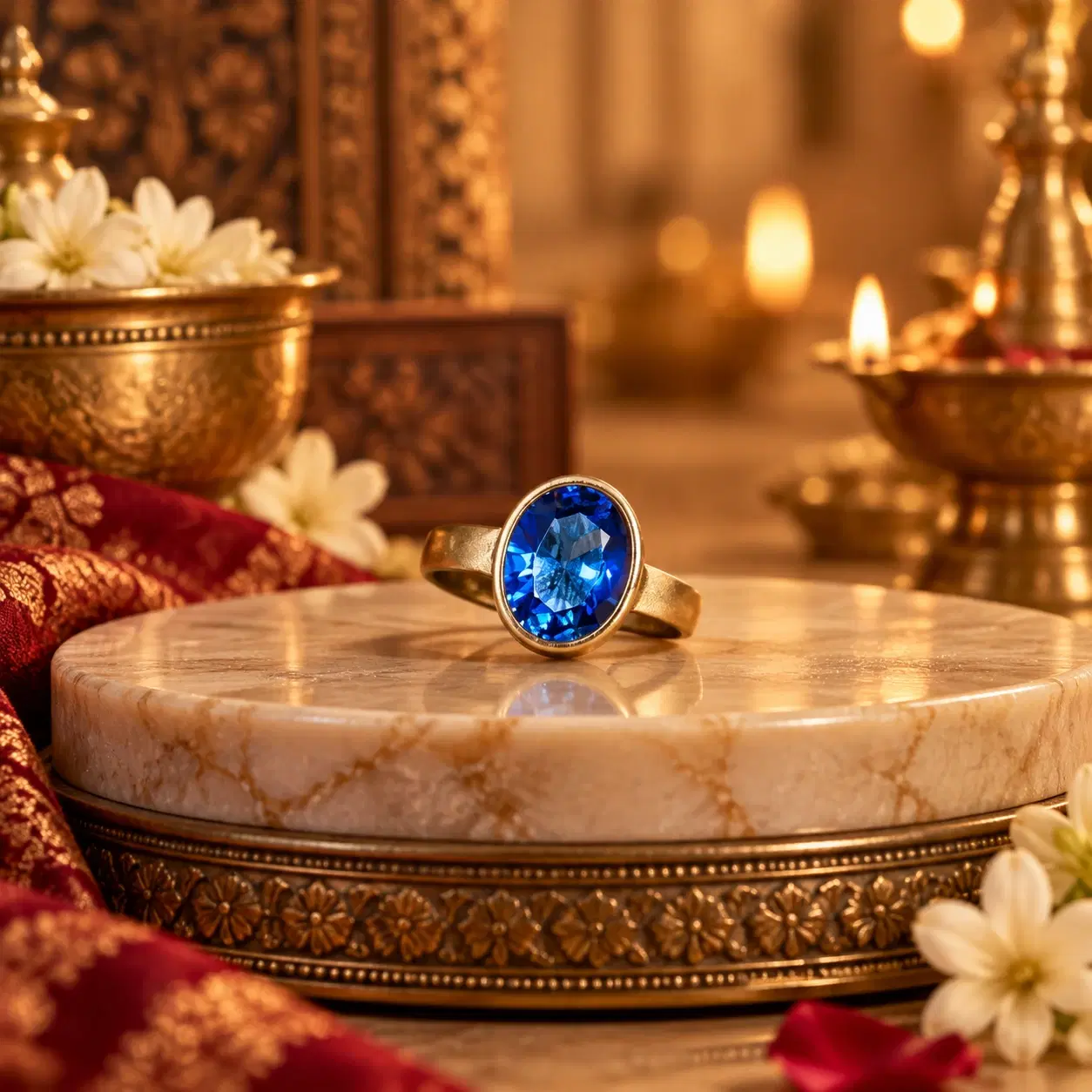 Front view highlighting the oval deep-blue gemstone and slim gold-tone band on a round marble stand