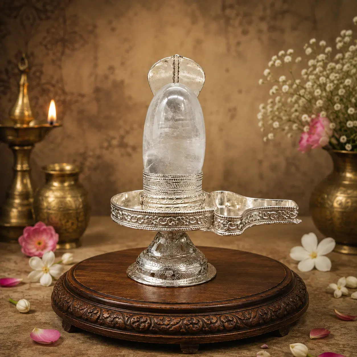 Centered Shivling display with engraved silver-toned stand and floral styling around the base