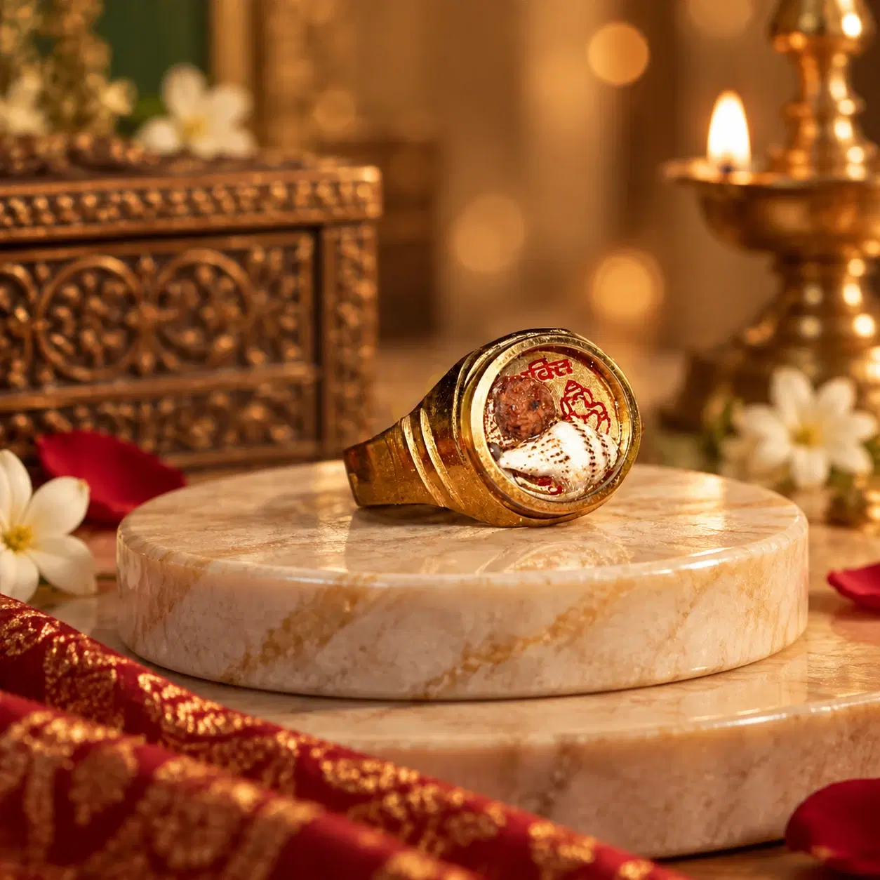 Gold-tone spiritual ring on a round marble pedestal with sacred inserts under a clear round top