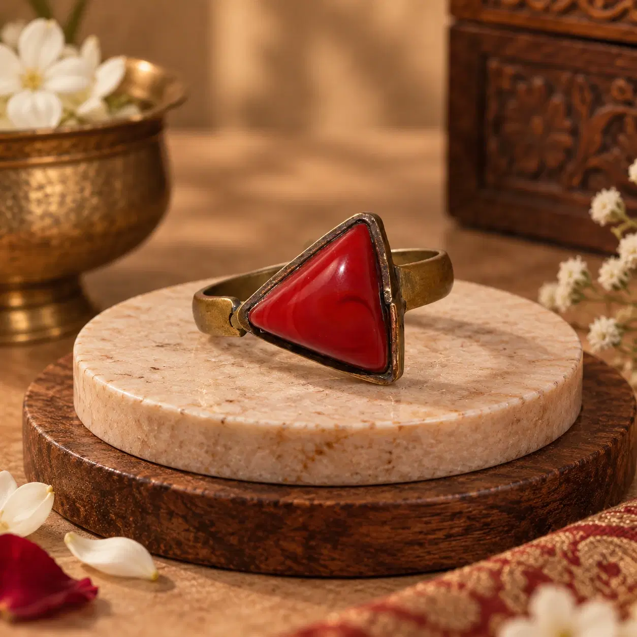 Front view of adjustable ring with glossy red triangular stone and antique gold-tone band