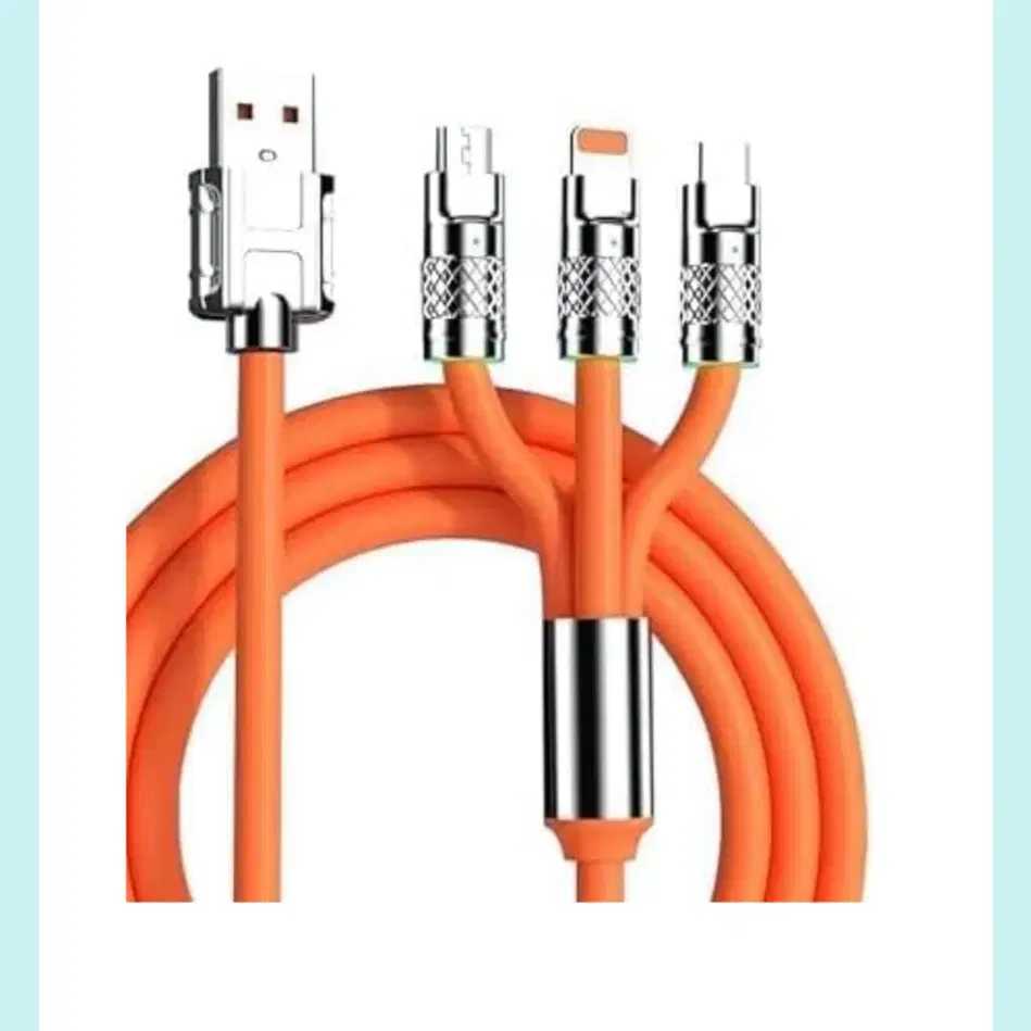 Front view of coiled orange multi charging cable showing USB-A and three output connector heads
