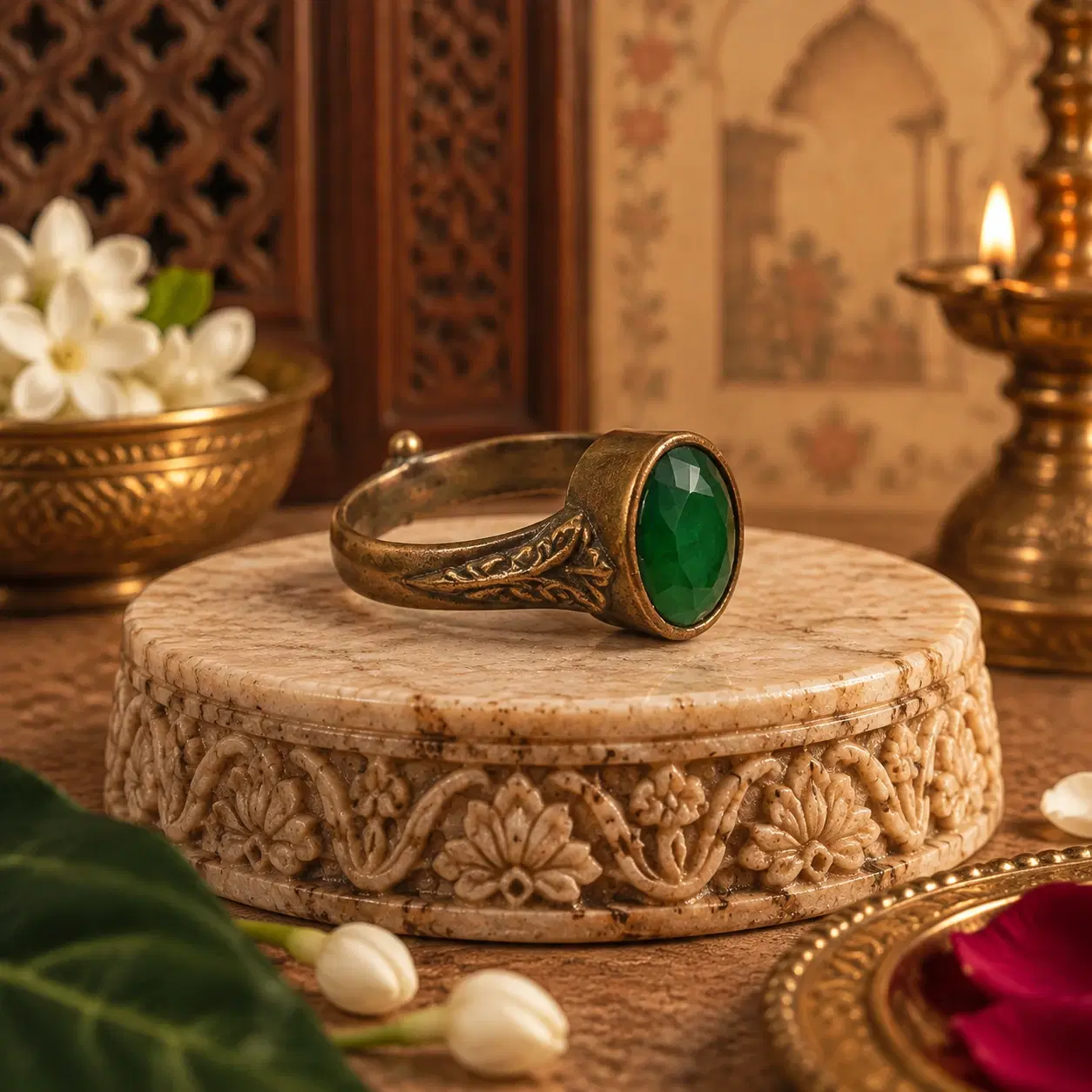 Side view of brass-tone ring with oval green faceted stone and engraved band on carved stone pedestal