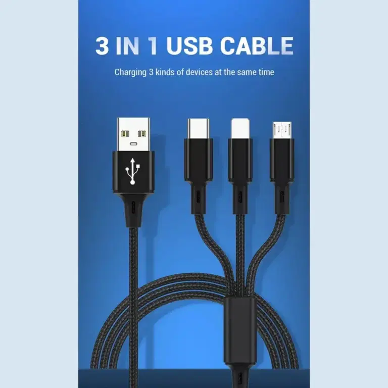 Black braided 3-in-1 USB cable with Lightning, Type-C and Micro USB tips on blue background
