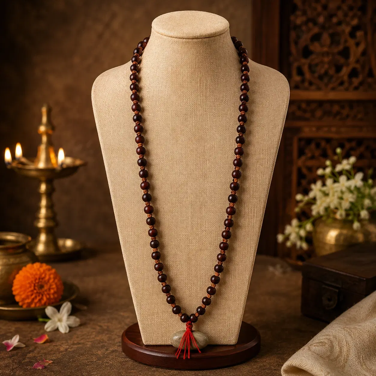 Front view of long brown wooden bead necklace on beige bust stand with red tassel detail