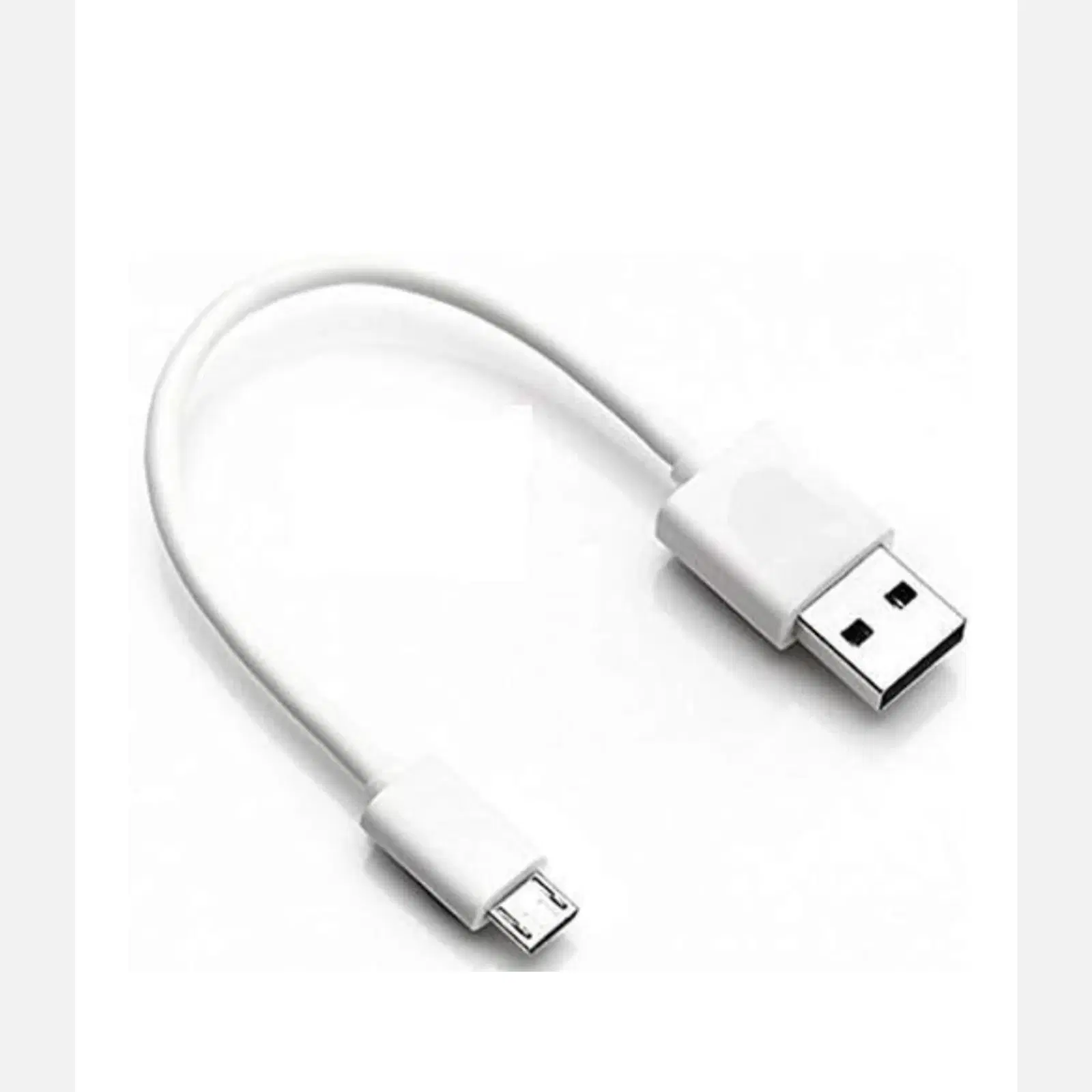 Short white USB-A to Micro USB cable laid in a curved shape on white background