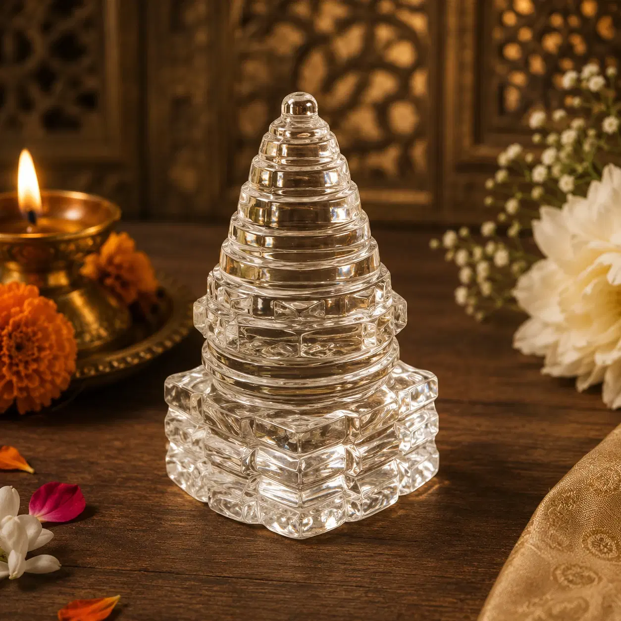 Clear crystal Shree Yantra idol on a wooden table with diya, marigolds and white flowers