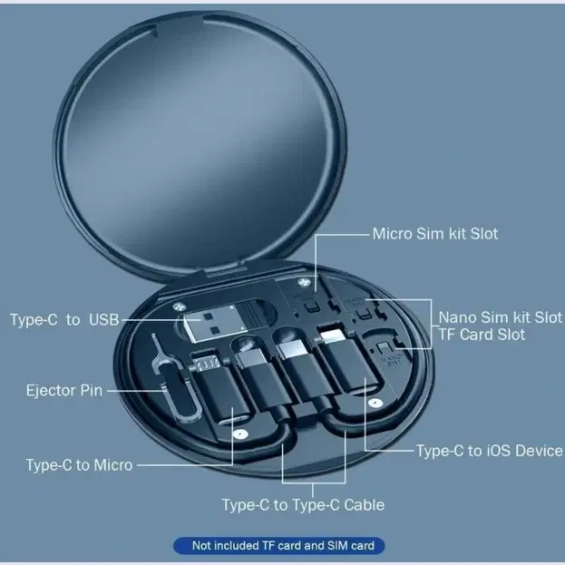 Open round black case showing Type-C adapters, SIM eject pin, and SIM/TF card storage slots