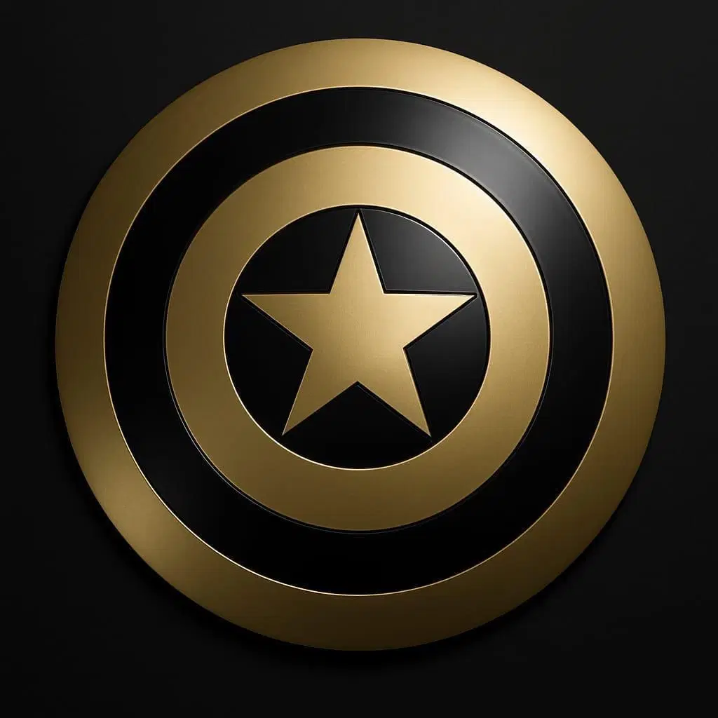 Front view of round gold and black shield decor with concentric rings and a central star on black background