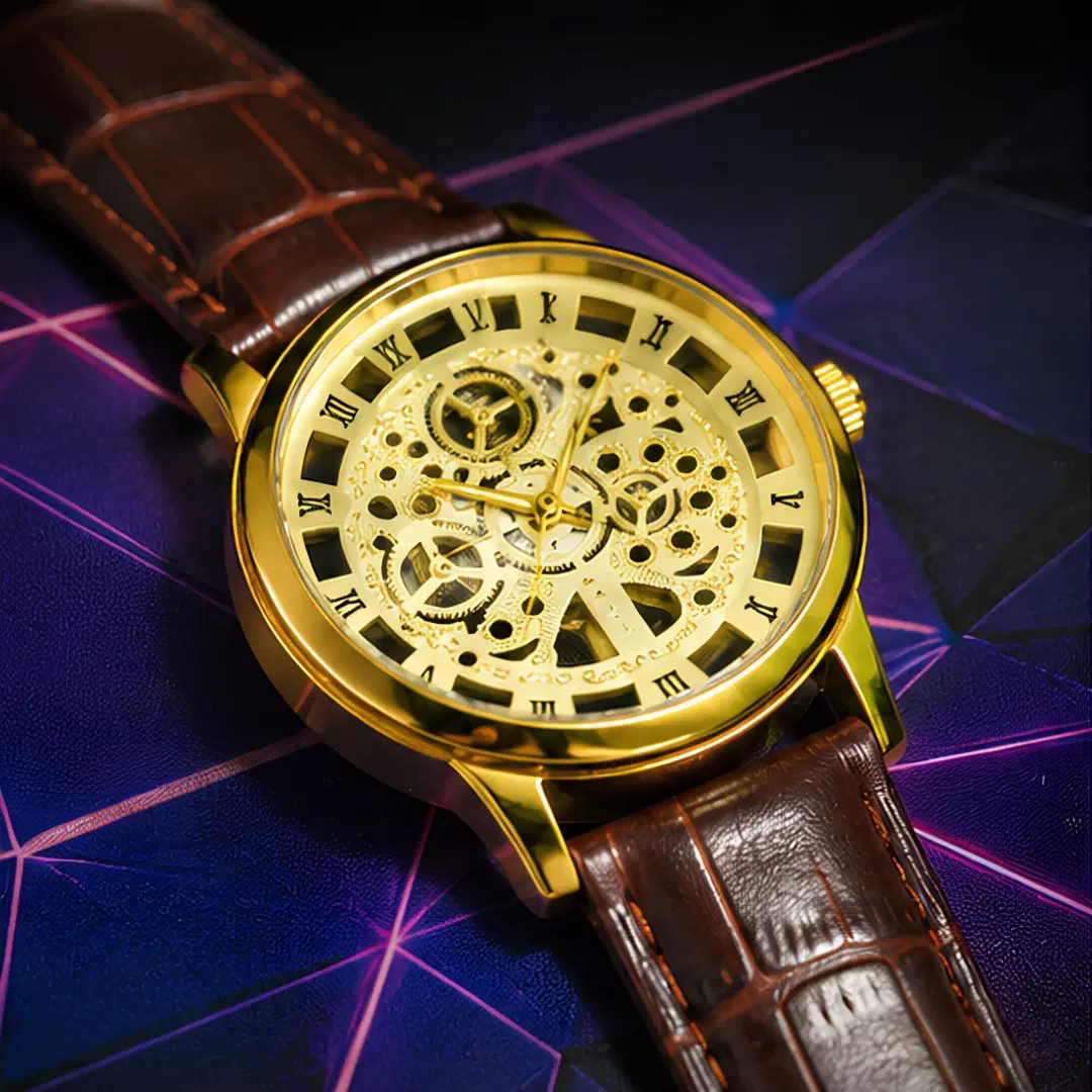 Xenton Men's Gold Skeleton Dial Analog Wrist Watch with Brown Leather Strap product image 1