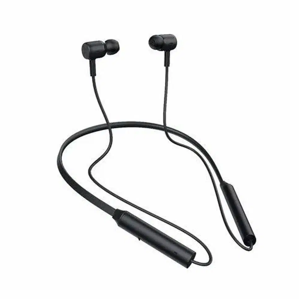 Black neckband earphones with in-ear buds and dual inline modules shown laid flat
