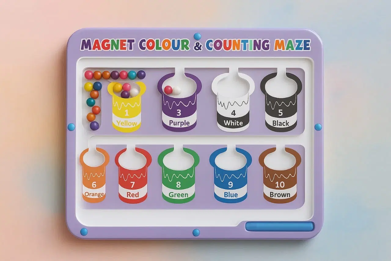 Front view of pastel purple magnetic colour and counting maze with numbered paint bucket slots