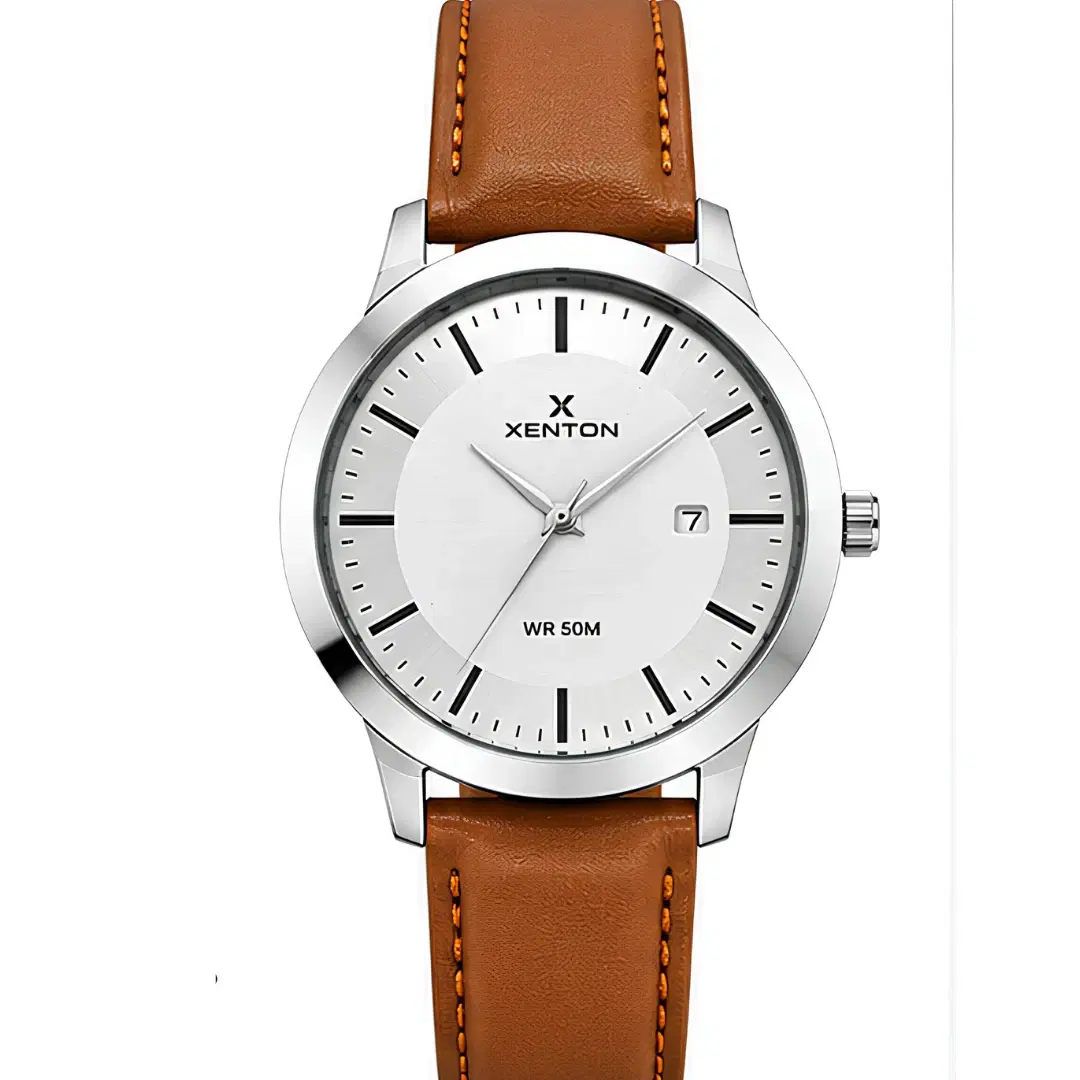 Xenton men's white dial analog wrist watch with tan leather strap product image 1