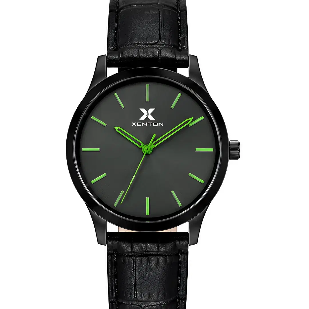 Front view of black Xenton watch with neon green markers and hands on a black leather strap