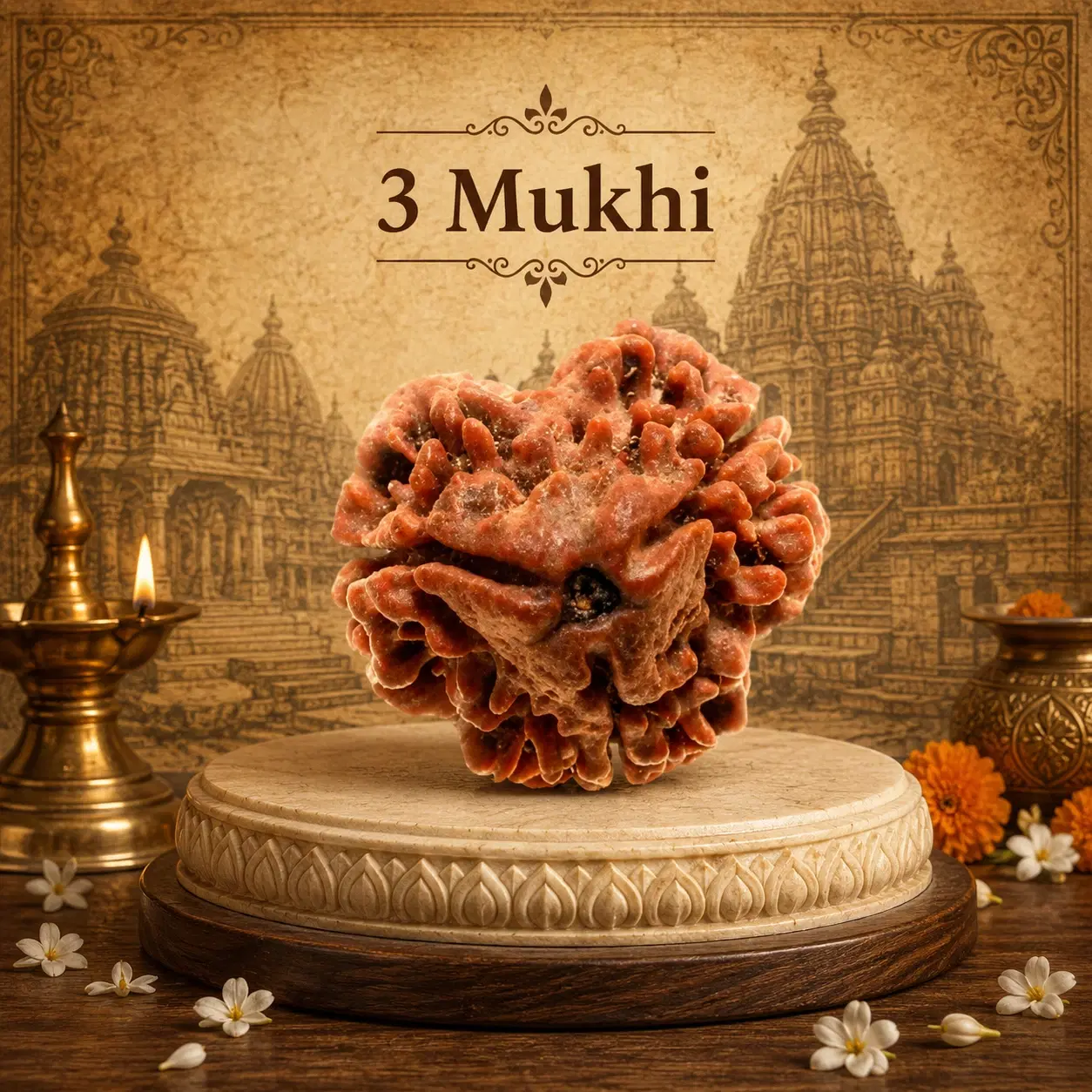 3 Mukhi Rudraksha bead displayed on a carved pedestal with temple backdrop and brass diya