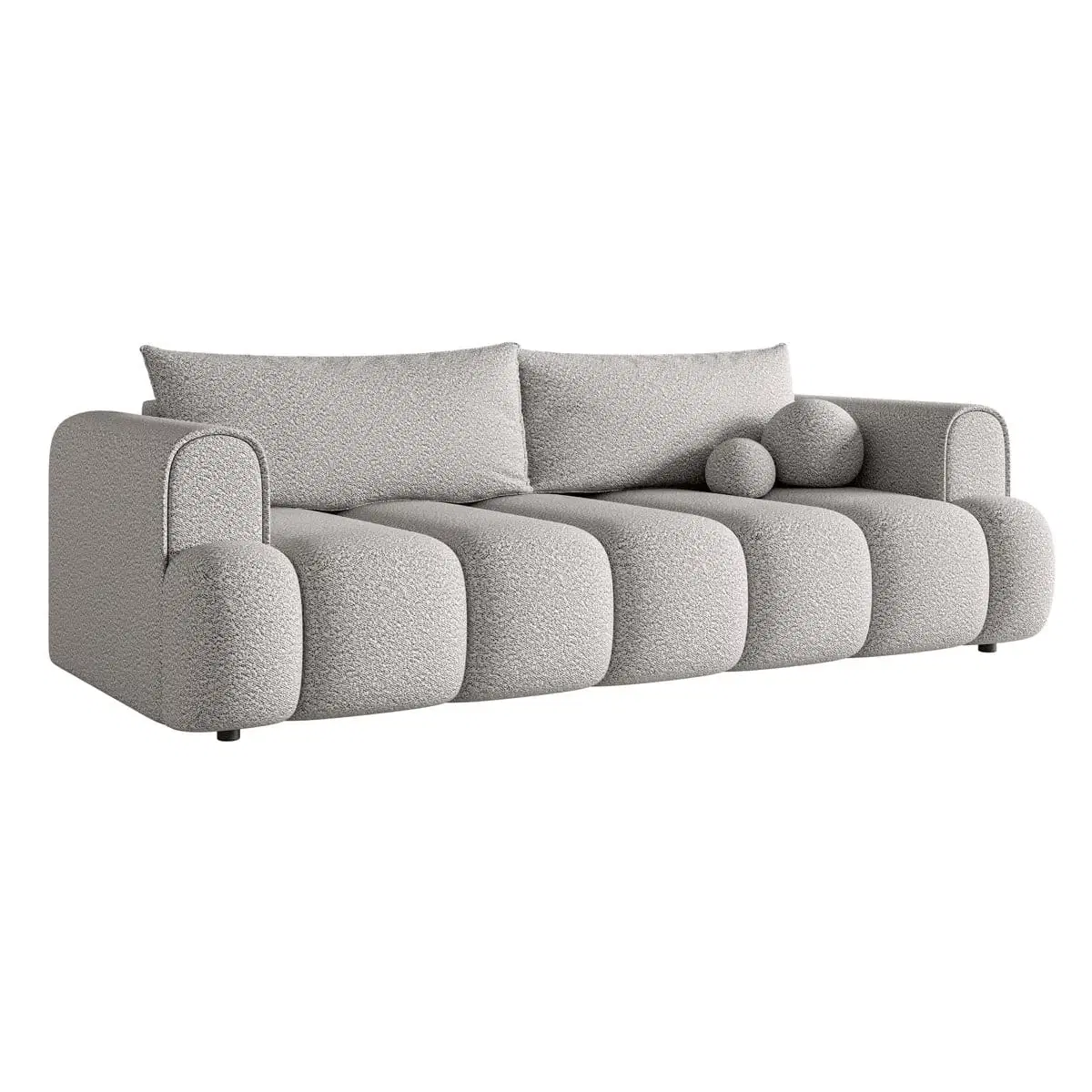 Angled front view of a light grey boucle sofa with rounded arms and two back cushions