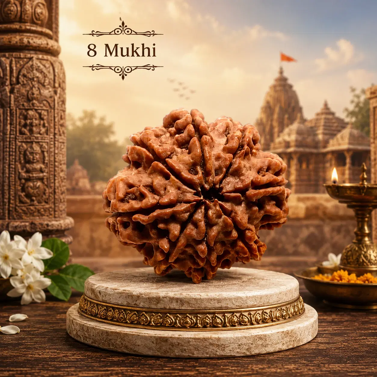 8 Mukhi Rudraksha bead displayed on a carved pedestal with temple backdrop and lit diya
