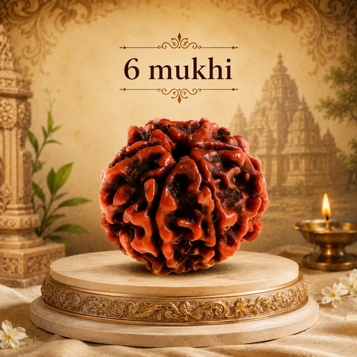 6 mukhi rudraksha bead on an ornate cream pedestal with temple backdrop and diya