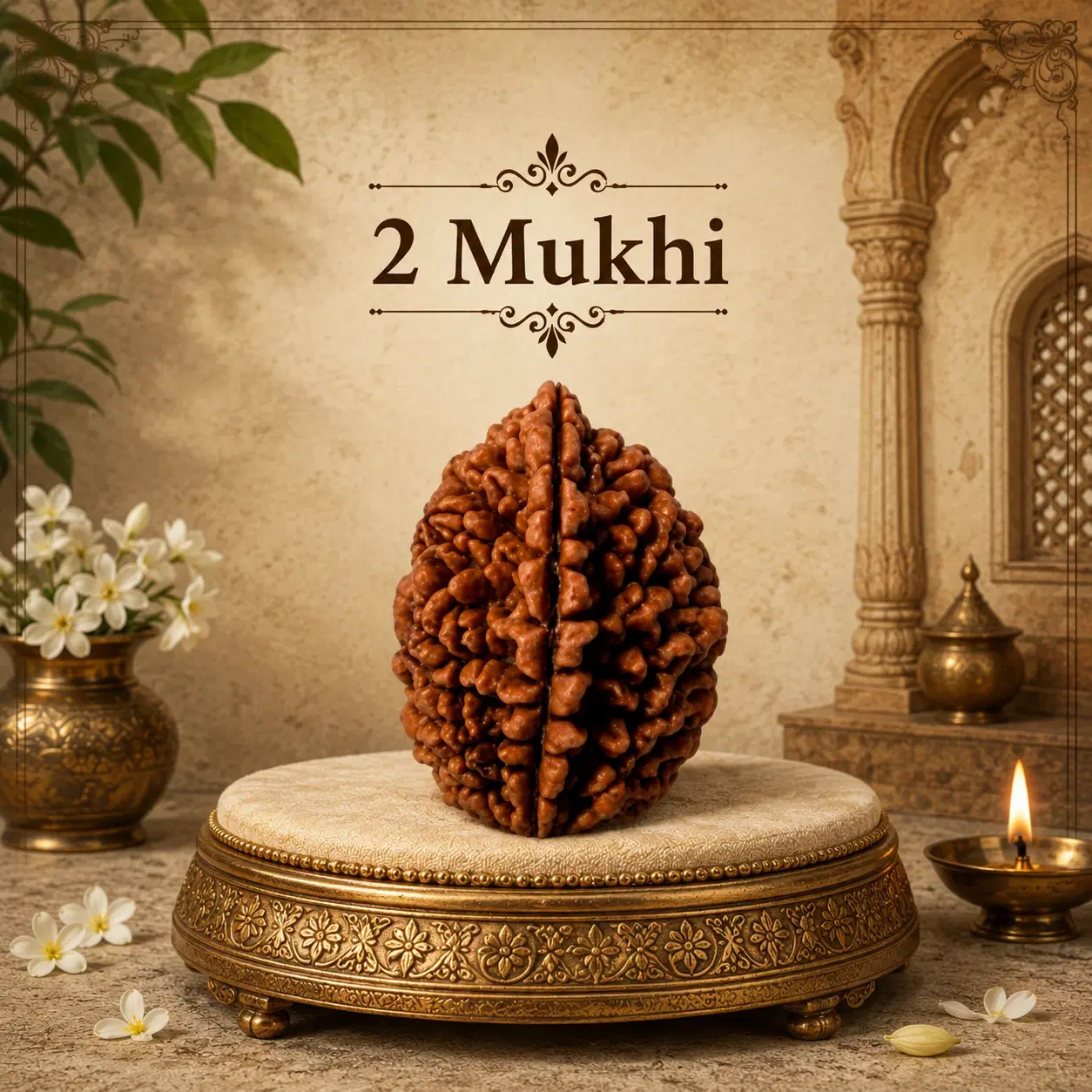 2 Mukhi Rudraksha bead upright on an ornate golden pedestal with flowers and diya in temple-style setting