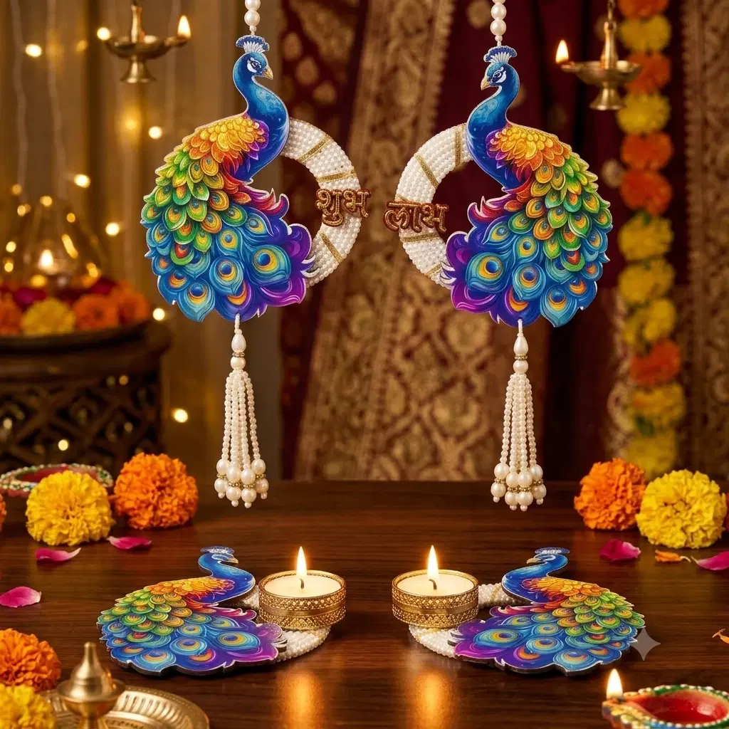 Pair of colorful peacock Shubh Labh hangings with pearl tassels displayed in a festive Diwali setup