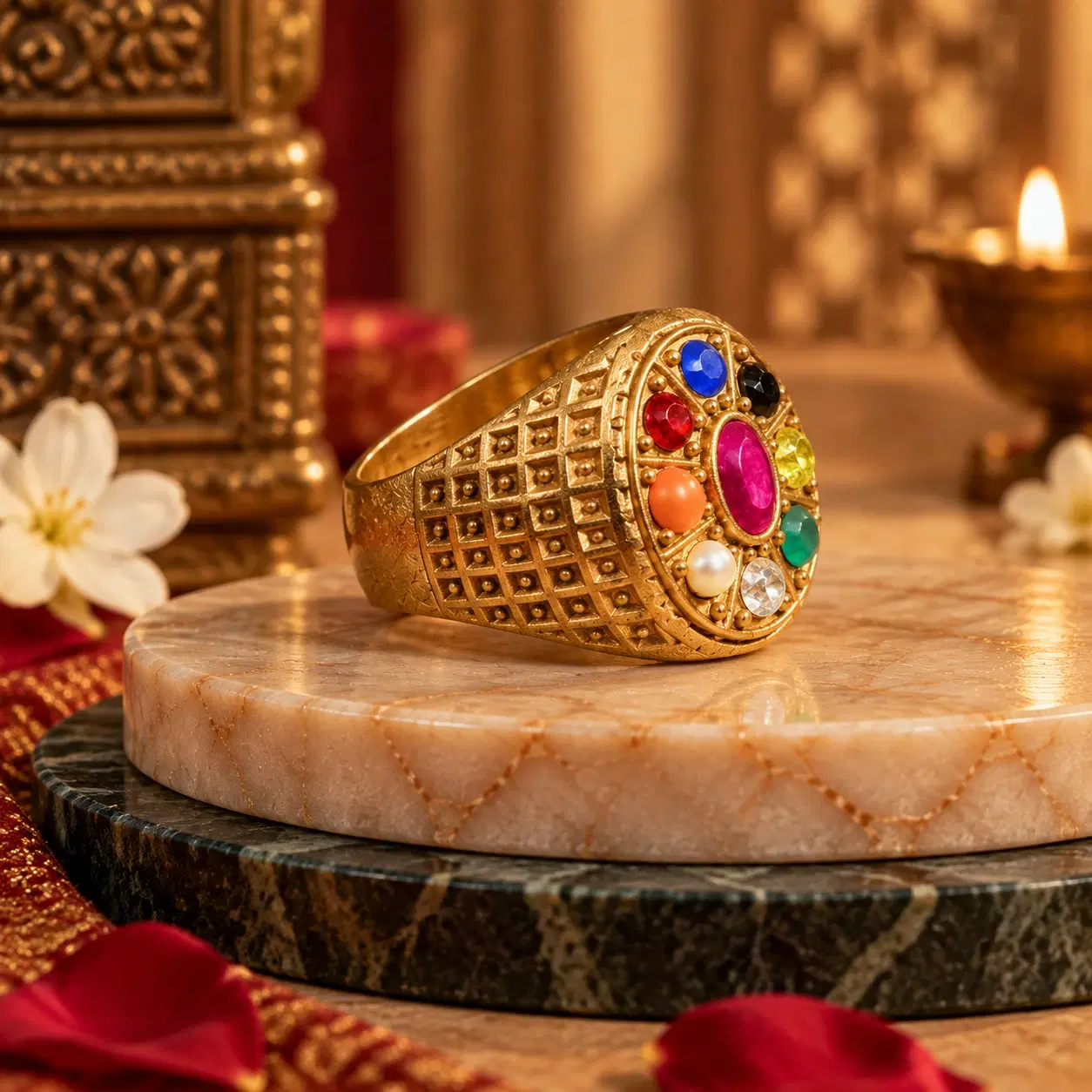 Closer front-side view showing the raised circular face with pink center stone and multicolour gems