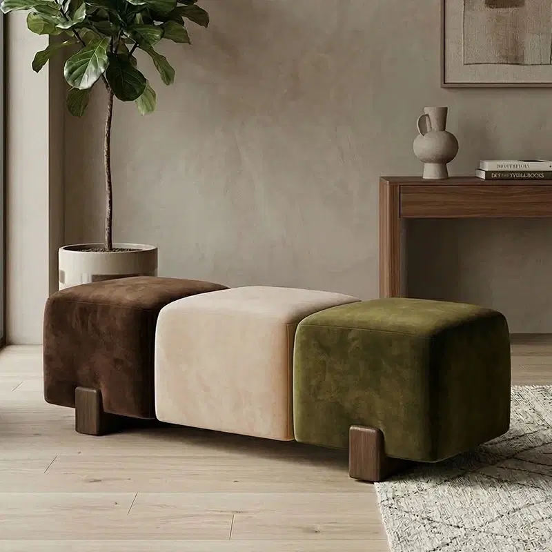 Multicolour velvet 3-seater bench with brown, cream and green seats on solid wood block legs