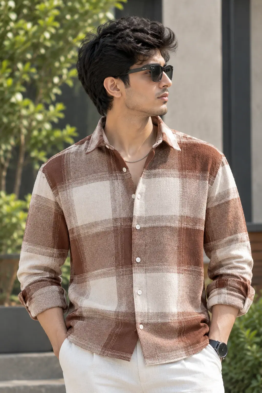 Front view of brown and beige checked men's shirt worn with sleeves rolled up outdoors
