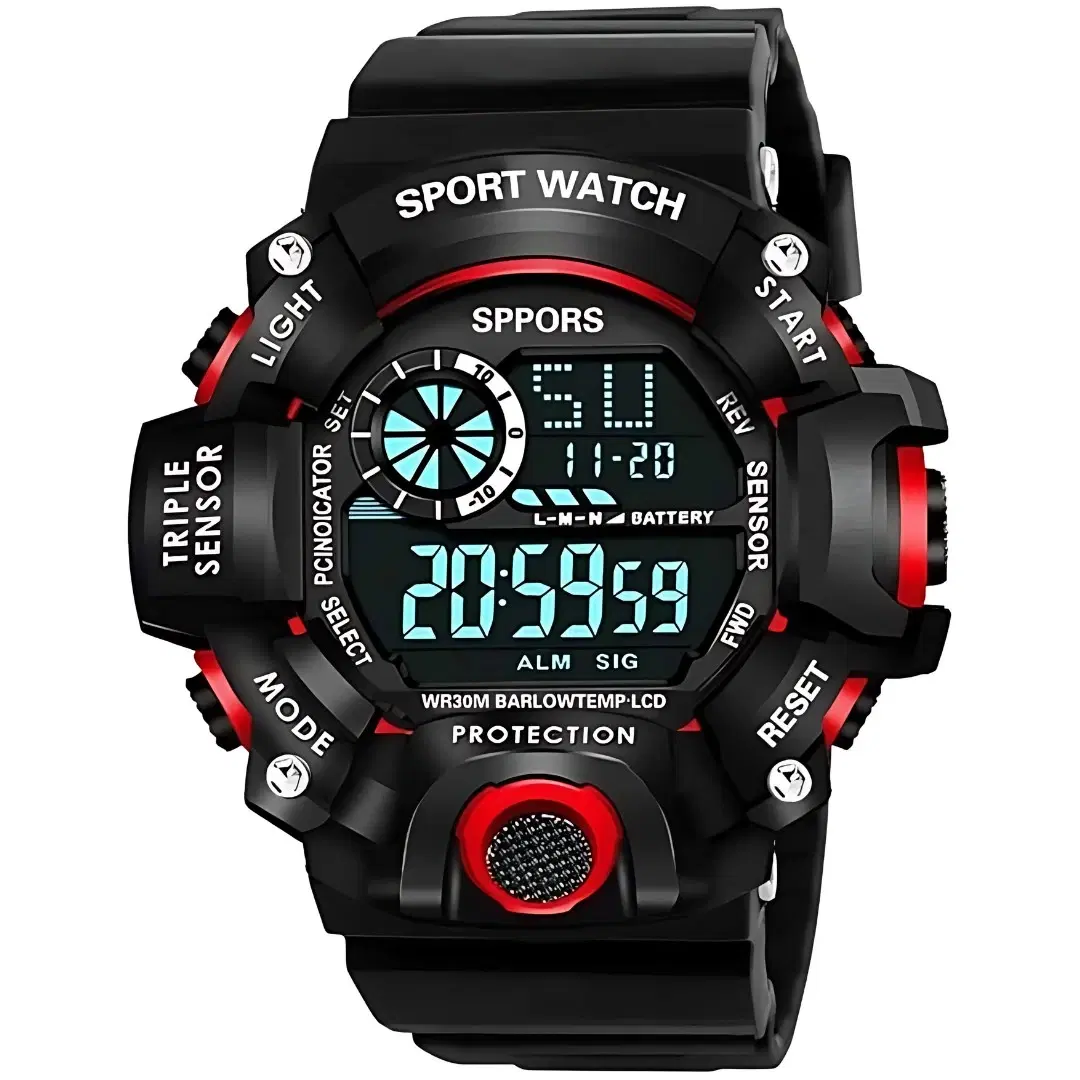 Front view of black and red digital sports watch with large LCD screen and labeled side buttons