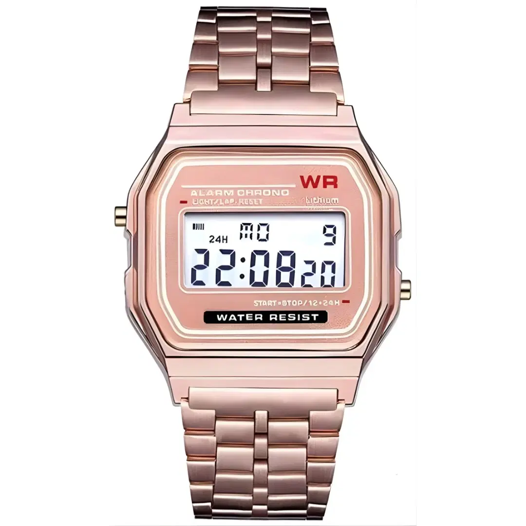 Front view of rose gold digital watch with square face and metal link bracelet on white background