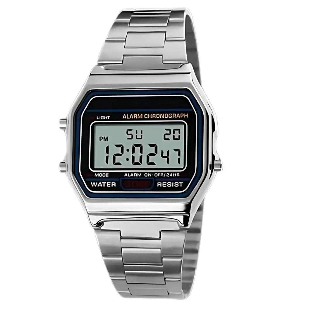 Front view of silver-tone digital watch with square display and stainless steel link bracelet