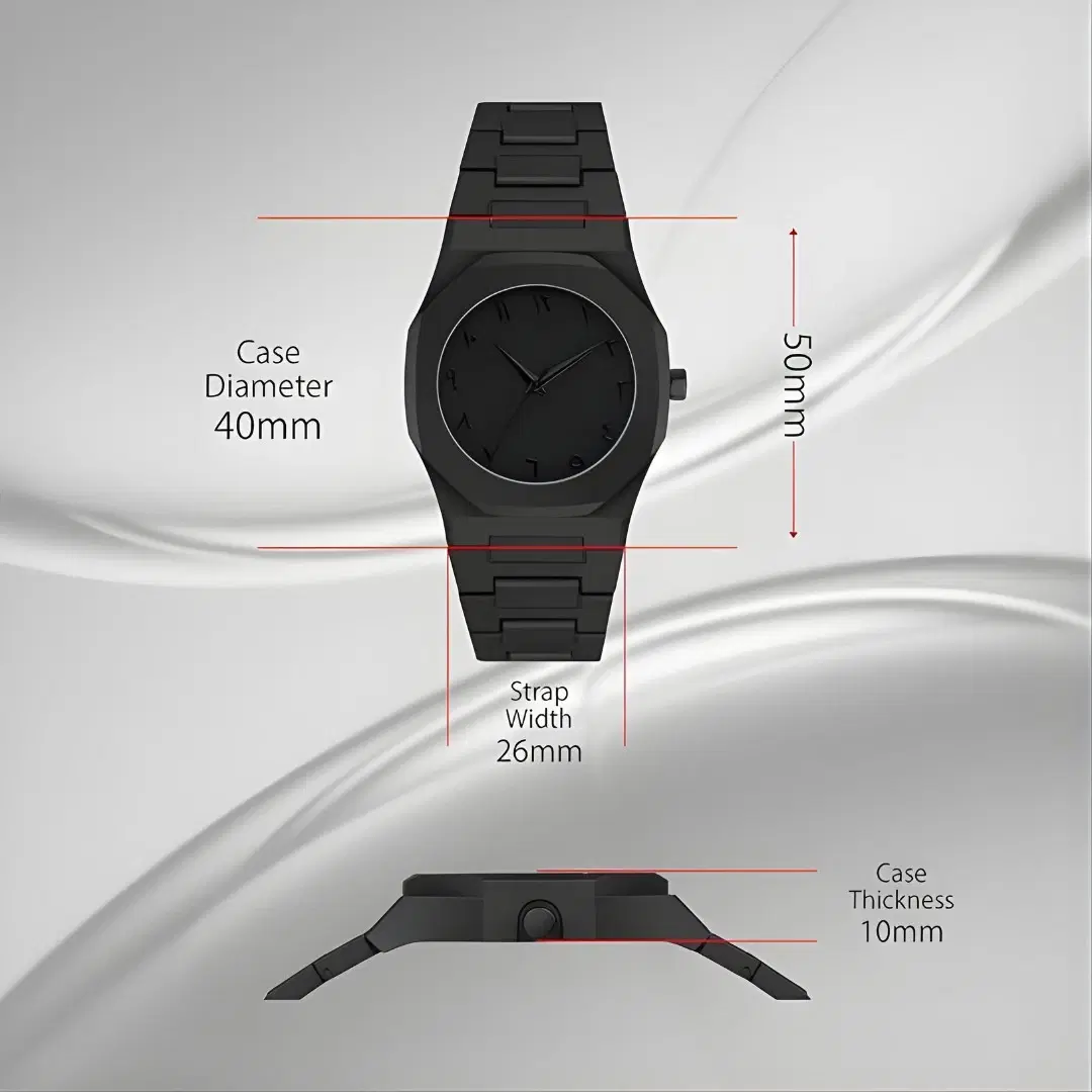 Front view of black analog watch with size callouts for 40mm case, 26mm strap and 10mm thickness