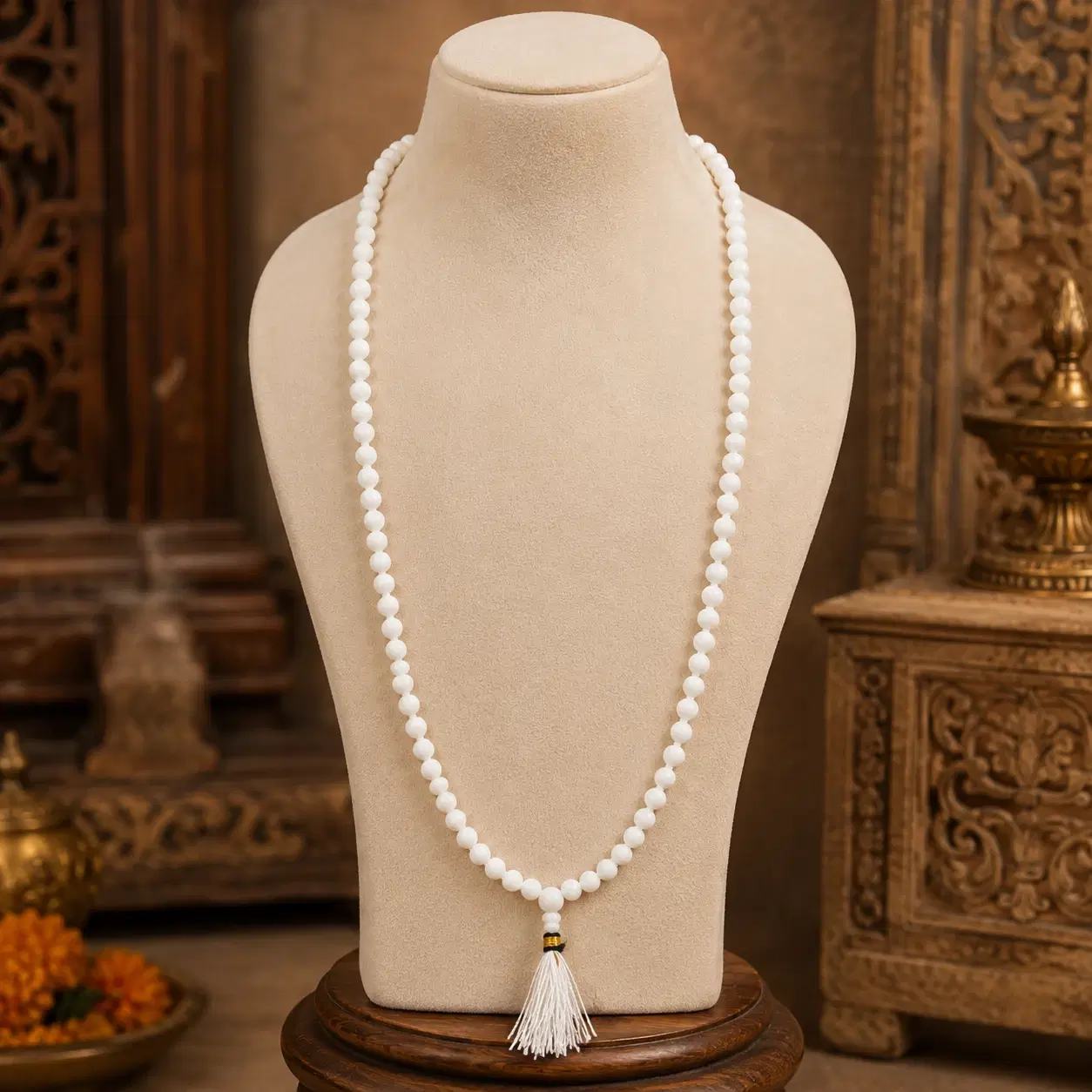 Front view of long white beaded mala on a beige display bust with white tassel