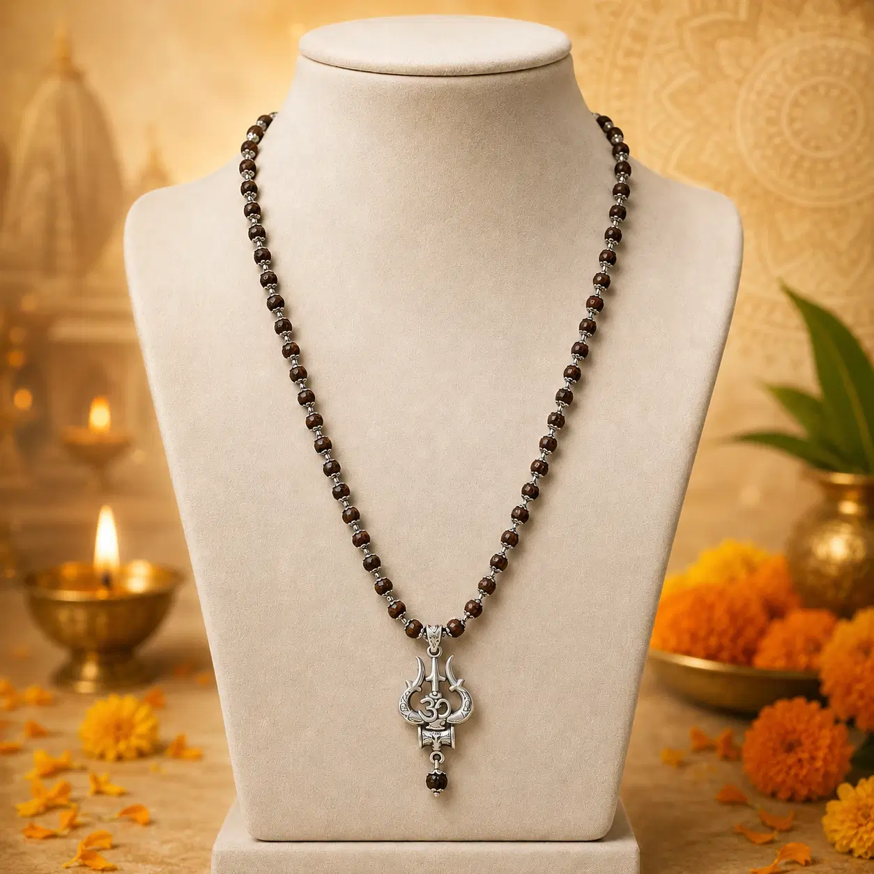 Front view of brown bead necklace on cream bust with silver-tone Om Trishul pendant