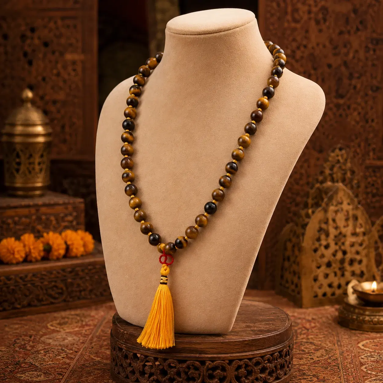 Tiger eye bead mala displayed on a beige bust stand, finished with a long yellow tassel