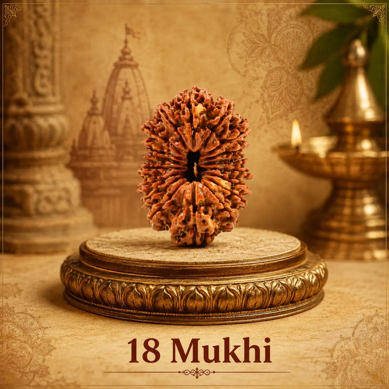 18 Mukhi Rudraksha bead displayed upright on an ornate golden pedestal with temple and diya backdrop