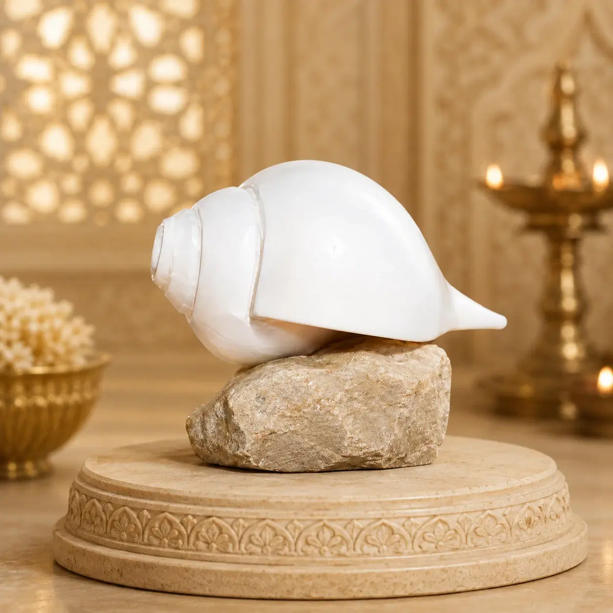 White conch shell decor piece displayed on a natural stone over a carved round pedestal