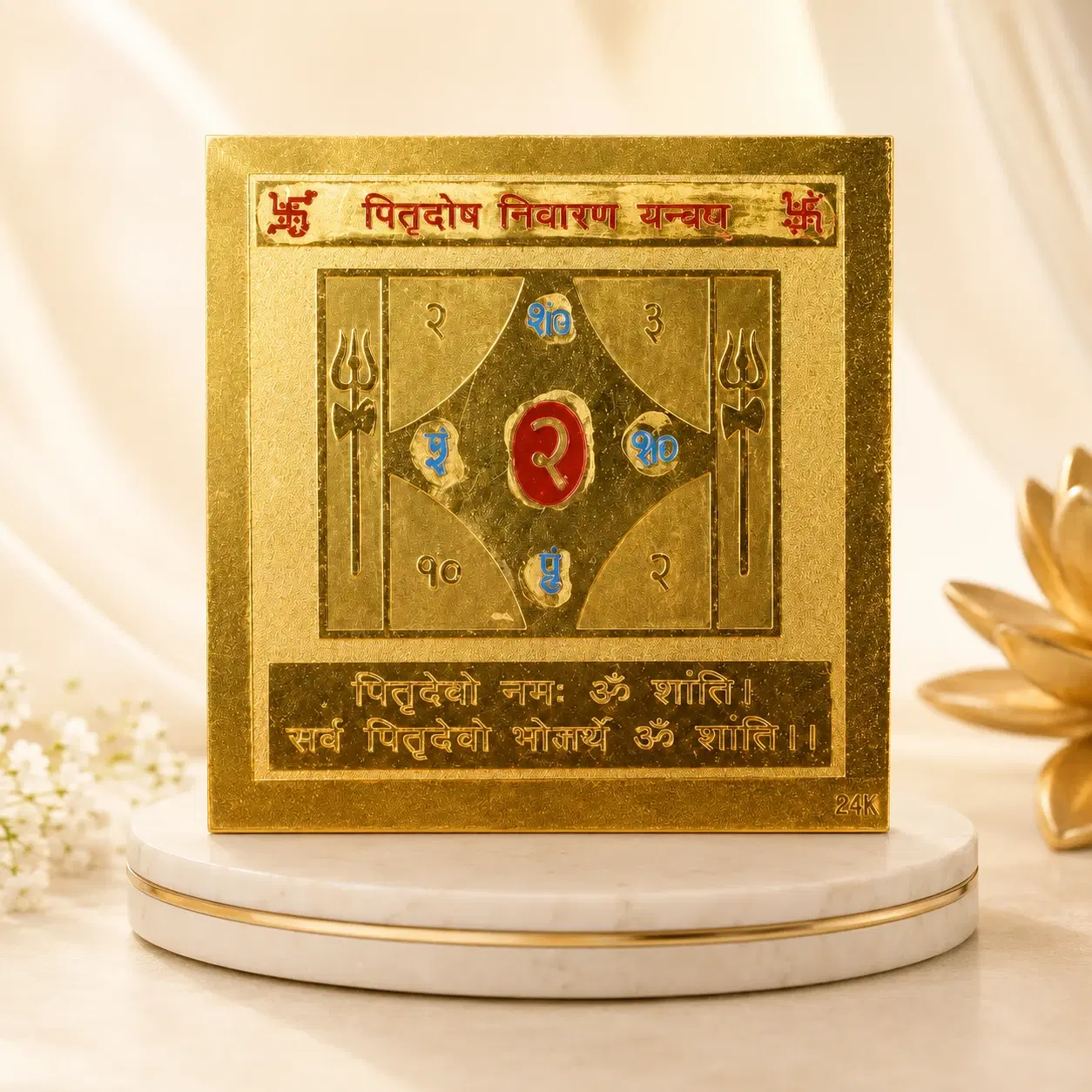 Front view of gold-toned Pitru Dosh Nivaran Yantra plaque on a white marble display base